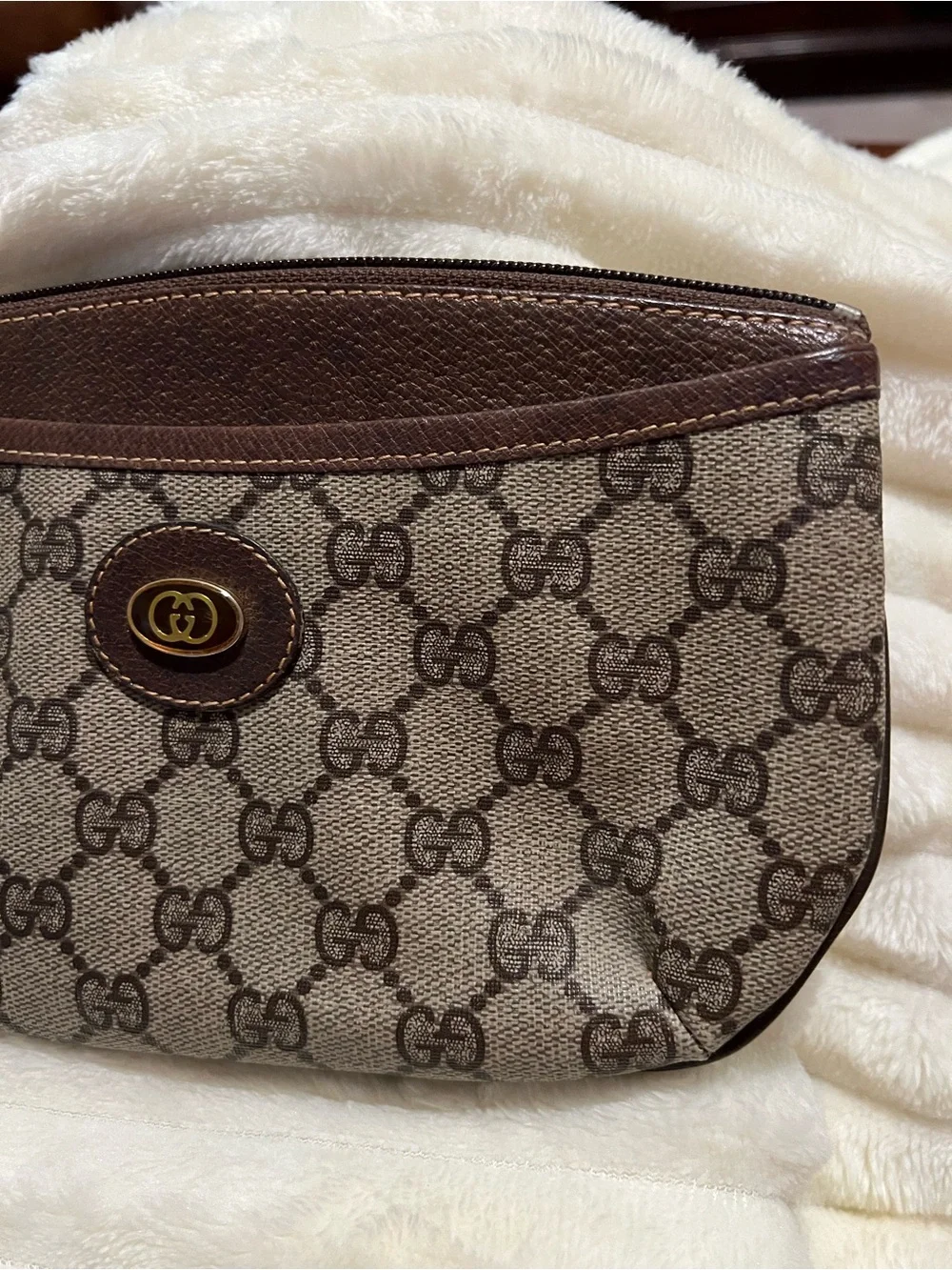 Vintage Gucci Brown GG Logo Canvas and Leather Cosmetic Bag